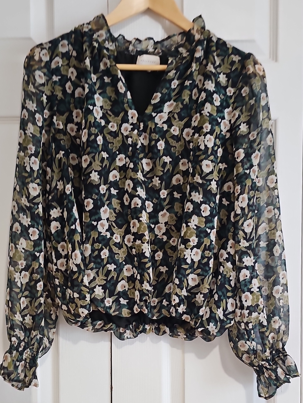 Melloday Floral Chiffon Long Sleeve Blouse Size M Dark Green Cottagecore